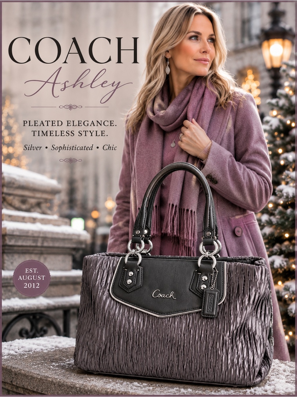 Coach 2012 Ashley  F20050 Pleated Patent Trim Tote Bag in Silver Mauve-Pink